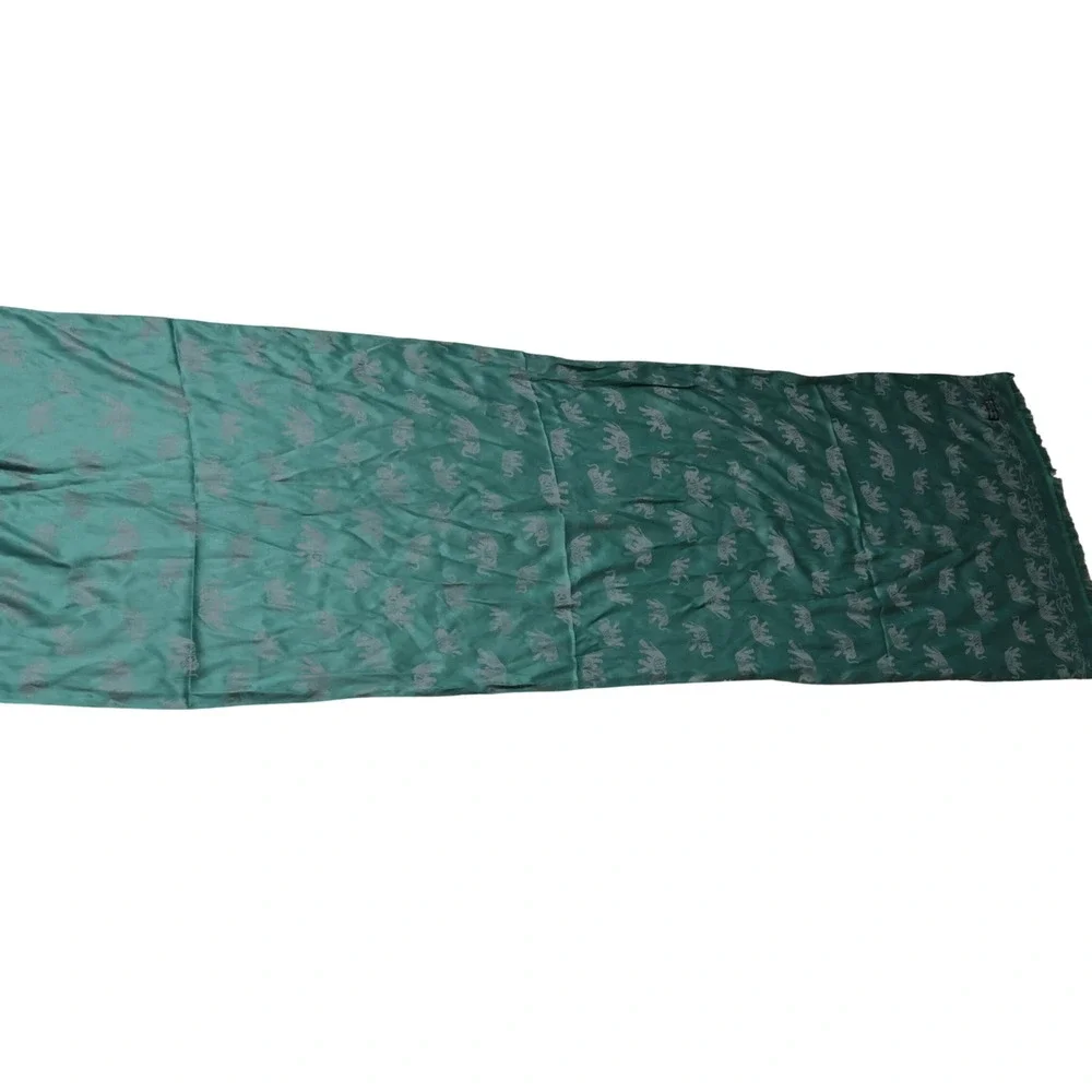 100% Silk Elephant Print Scarf Teal Green Fringed Long Wrap Shawl 70x27